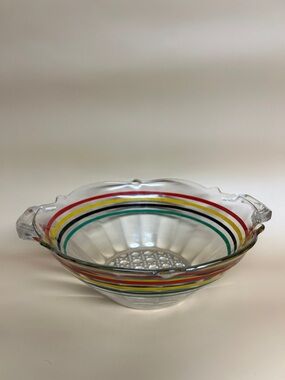 Vintage Anchor Hocking Lancaster Circus Stripes Ring Ding Clear Glass Bowl 8"